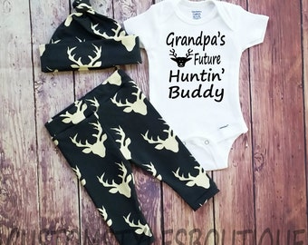 Baby Boy Coming Home Outfit, Short Sleeve Infant Bodysuit, Grandpa's Future Huntin' Buddy, Deer Leggings, Hat, Baby Boy Country Outfit Set