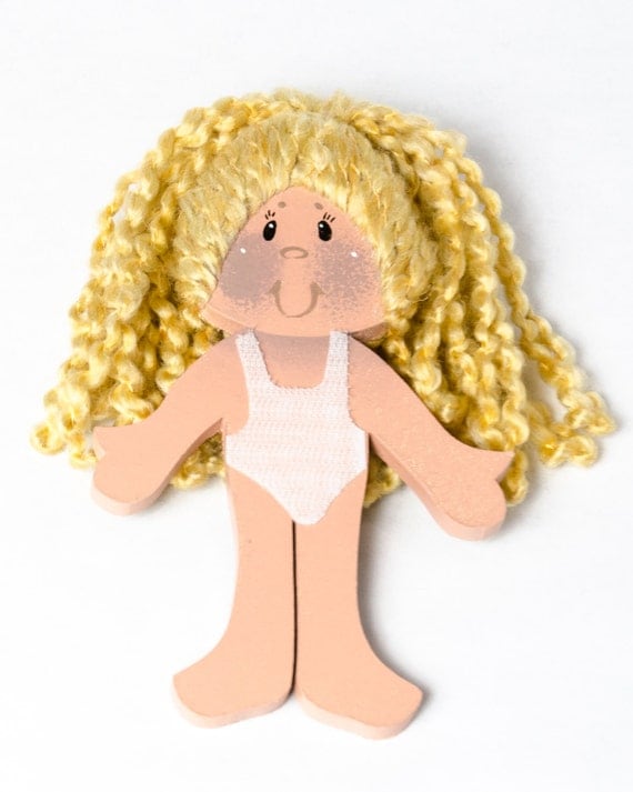 Wooden doll,  with blonde hair, 7 in tall,  8 felt outfits, la-di-dolls, quiet time, church toy, dress up dolls, paper dolls, velcro