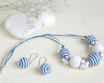 Sea lovers gift for women necklace Striped jewelry gift for niece necklace blue jewelry Anchor bracelet helm bracelet white jewelry for wife