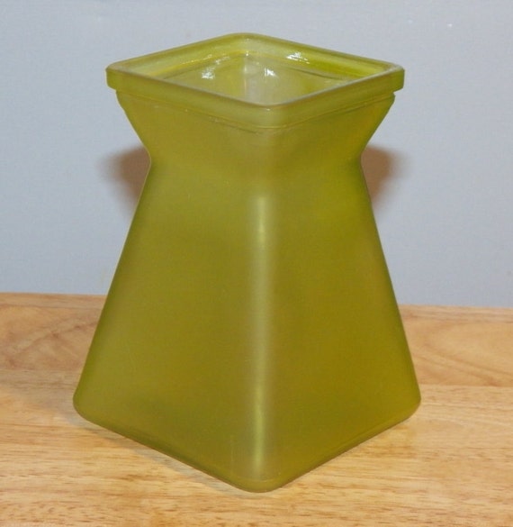 Olive Green Vase Art Vaseline Glass Square by EstateTreasuresFinds