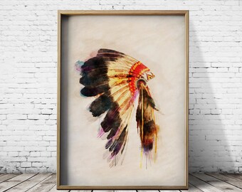 Wall Art Print Poster Giclee Print Posters Native American Print Head Dress