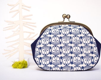 Bears Large Coin Purse, Kiss Lock Purse, Metal Frame Bag, Clutch with Strap, Kokka Nordic Line, Japanese Fabric, Animal Bag, Kawaii