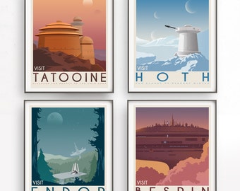 Star Wars set of 4 travel poster vintage. Starwars planet illustration. Sci fi vintage print. Luke skywalker. Two mon landscape. Room decor