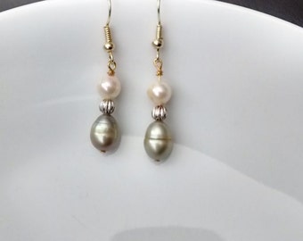 Fresh water pearl dangle earring. Cream and green fresh water pearls and gold small dangle earrings