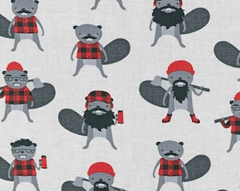 Burly Beavers Fabric, Hipster fabric, Animal fabric, Plaid fabric, Gray fabric, Robert Kaufman- Choose the cut. Free Shipping Available