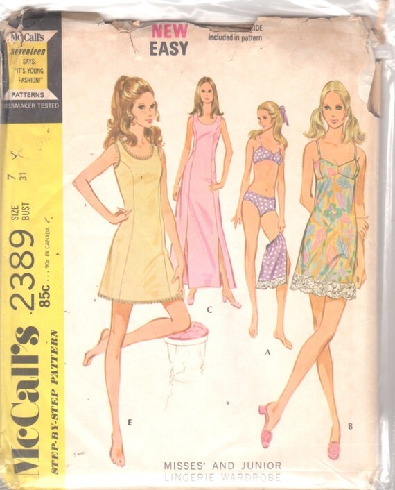 McCalls 2389 1970s Misses Lingerie Pattern Panties Slip Bra