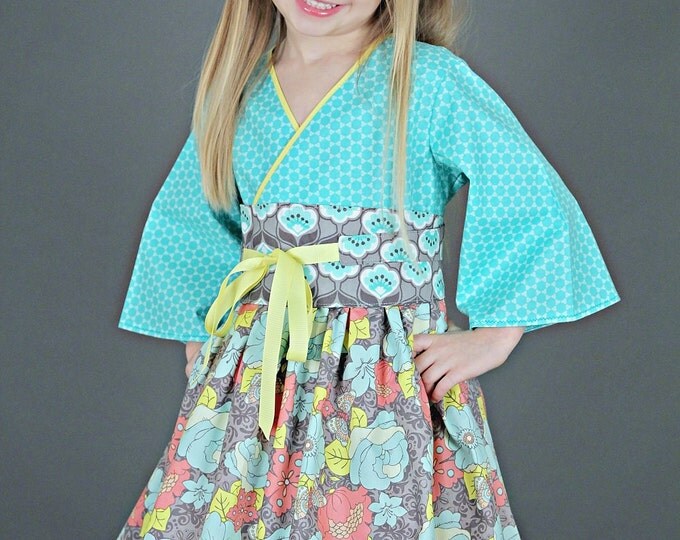 Pretty Blue Kimono Dress - Toddlers - Teens - Baby Girls - Birthday - Mothers Day - Spring - Handmade - Boutique - sizes 2T to 14 years