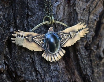Bird Necklace Eagle Necklace Thunderbird Necklace Hematite Necklace Brass Necklace Southwestern Jewelry Black Stone Necklace Hand Stamped