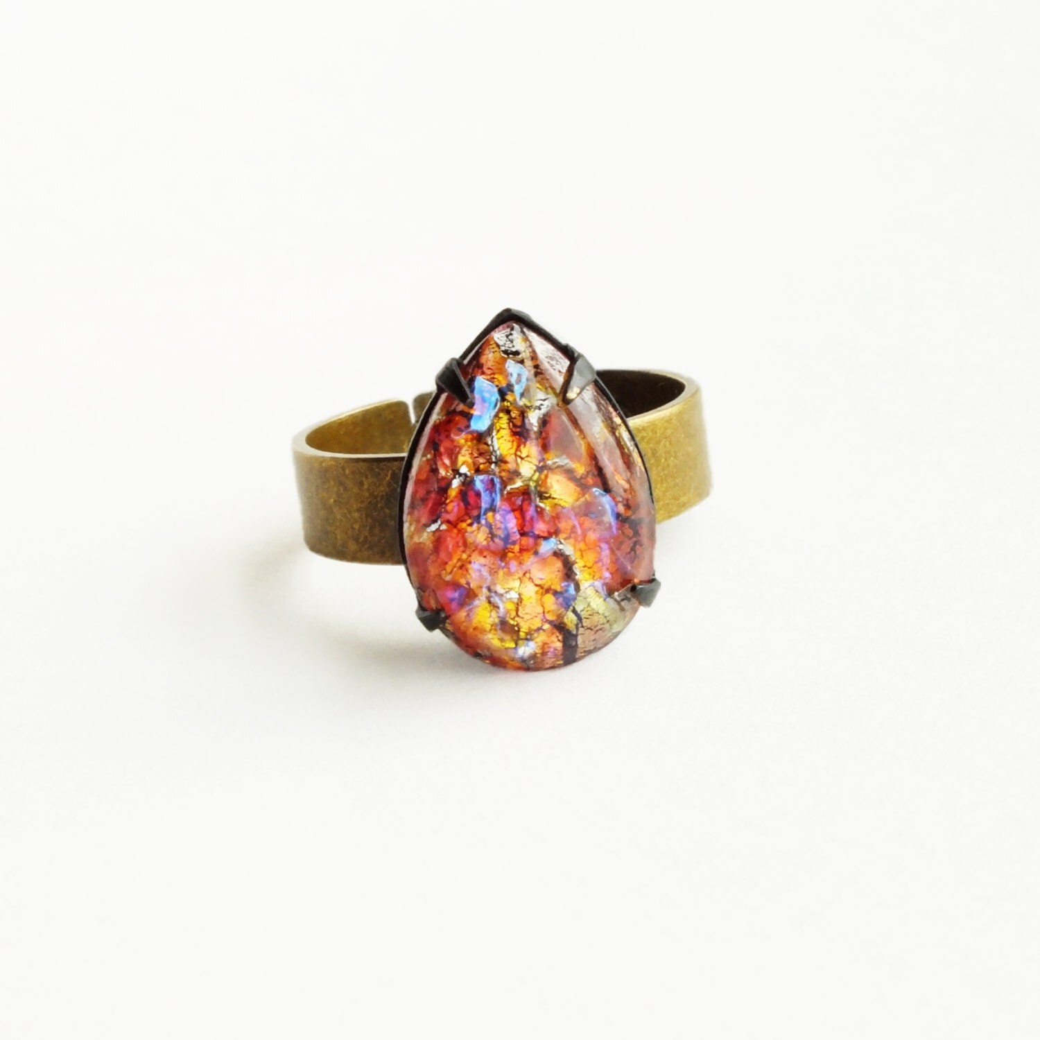 Red Fire Opal Ring Vintage Glass Dragons Breath Harlequin Opal