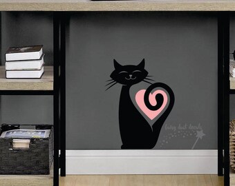 Cat Wall Decal, happy cat sticker, wall or window decal, animal decal, cat vinyl sticker, cat heart wall decal, pet cat decal, pet black cat
