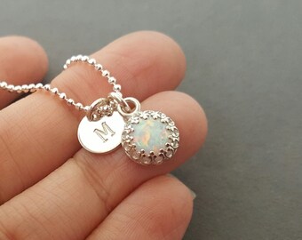 Opal Necklace stamped initial disc man-made opal jewellery personalized gift customized pendant sterling silver october birthstone jewelry