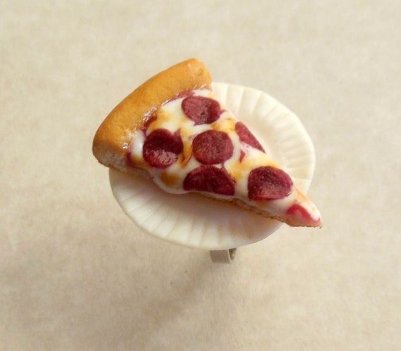 Pizza Ring on Plate Polymer Clay Food Jewelry Pizza Ring