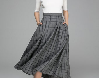 Plaid skirt, grey skirt, midi skirt, fit and flare skirt, wool skirt, winter skirt, ethic skirt, retro skirt, womens skirts, patchwork 1382