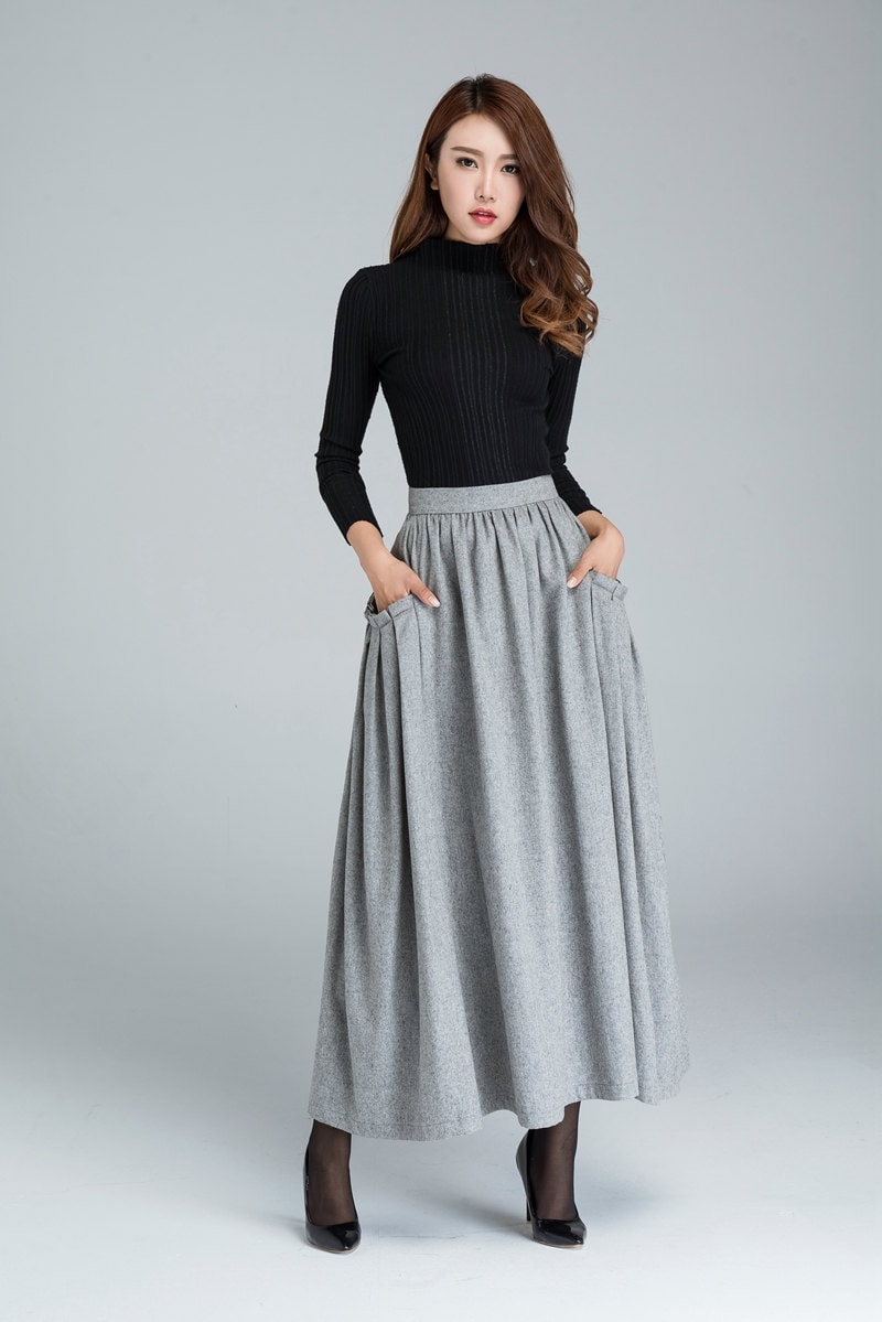 wool skirt maxi skirt light grey skirt womens skirts with