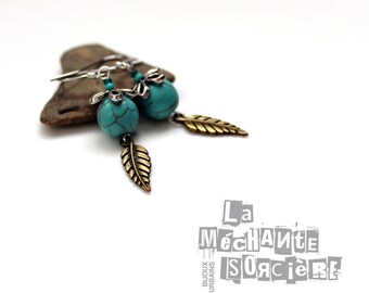 Turquoise earrings - Antique brass and silver color - Petit morceau de Ciel - Vertical garden - La Méchante Sorcière - Bohemian, gypsy