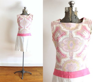 60s Dress / 1960s Mini Dress / 60s Beige and Pink Paisley Mini Dress