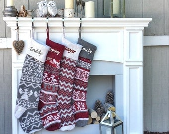 Personalized Large 28" Knitted Christmas Stockings Red Grey White Intarsia Fair Isle Nordic Modern Christmas Stockings for Holidays