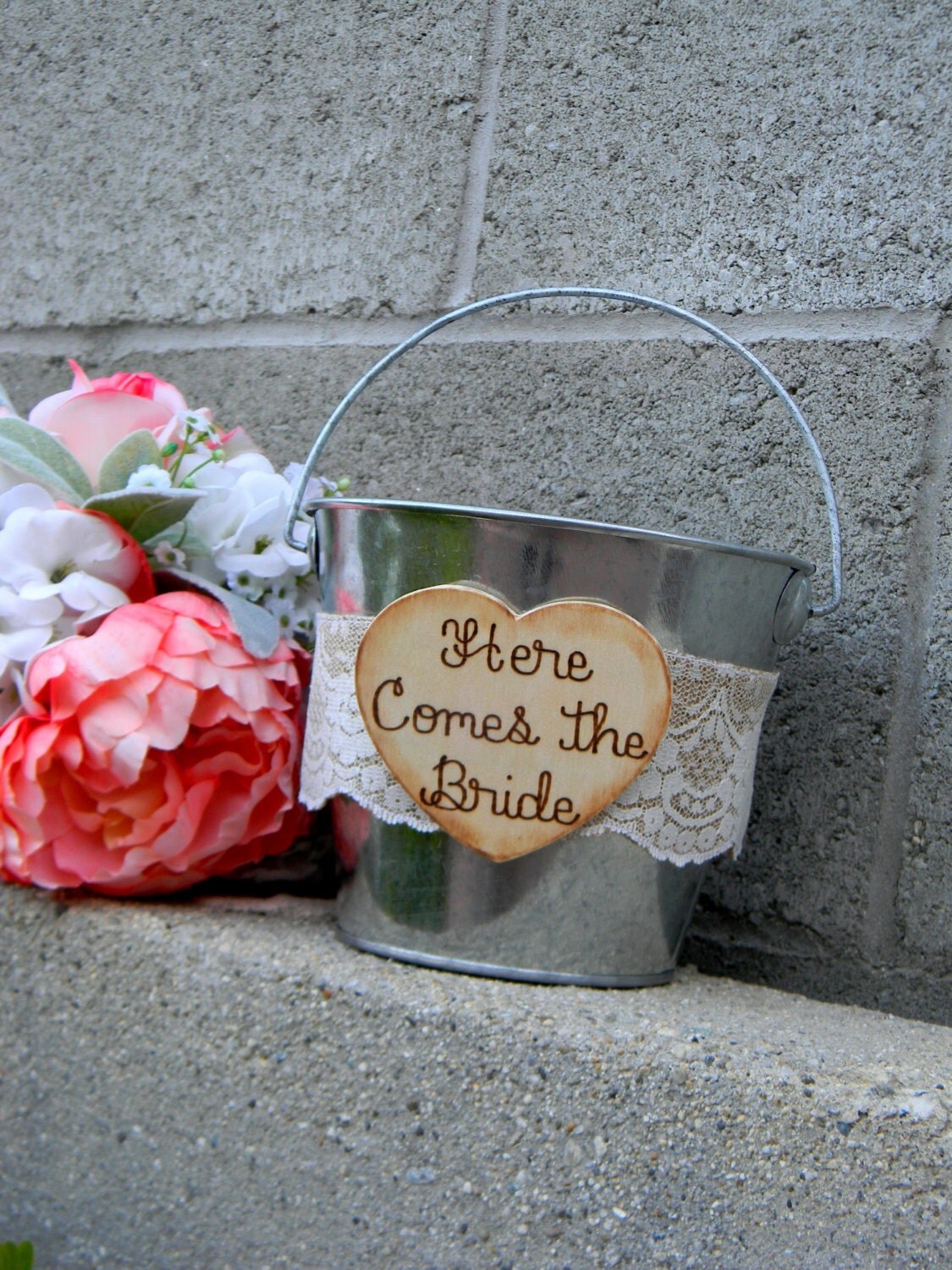 Flower Girl Tin Bucket Pail Here Comes The Bride Rustic