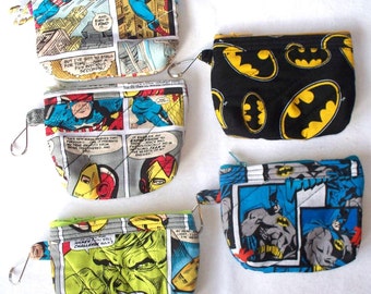 Marvel Comics Quilted Coin Purse,Your Choice of Batman Comic Strip, Batman Emblem,Incredible Hulk,Captain America,Spiderman,Iron Man