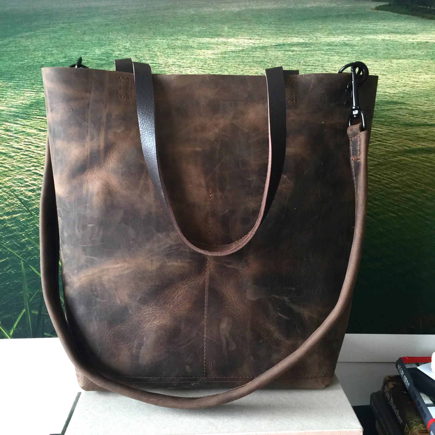 Dark Brown Leather Tote Bag leather shopper Brown Leather