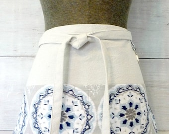 Gray Blue Womens Half Apron with Pockets - Waitress - Teacher - Work