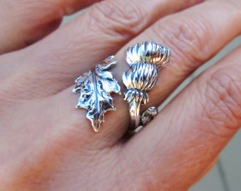 Thistle Ring, Sterling Silver ring flower ring flower jewelry thistle jewelry Adjustable Ring Scottish jewelry wedding not spoon ring, R-115