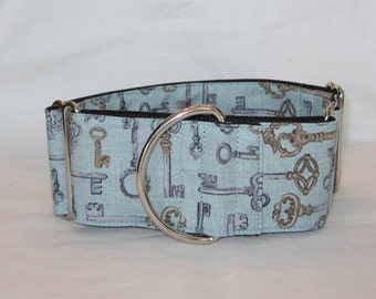 LAST ONE LARGE Antique Keys Martingale Dog Collar - 1.5 or 2 Inch - blue brown cream gray vintage key