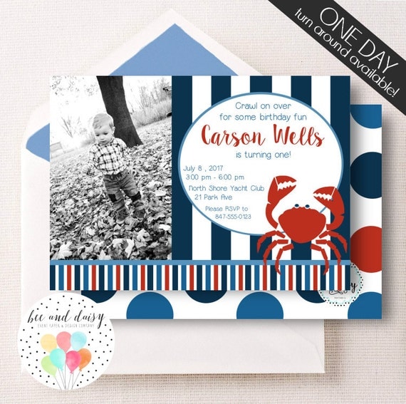Crab Birthday Invitation, Crab Invitation, Crab Party, Boy First Birthday, Boy Birthday, Crab Invite, Crab Photo Invitation, BeeAndDaisy Il_570xn
