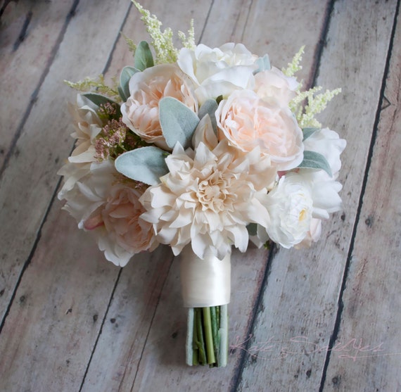 Wedding Bouquet  Blush Pink and Ivory Garden Rose Dahlia and Peony 