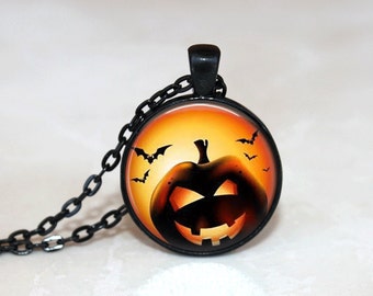 Halloween Necklace GlassTile Necklace Black Necklace Glass Tile Jewelry Halloween Jewelry Pumpkin Jewelry Holiday Jewelry Black Jewelry