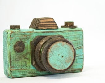 Vintage Camera Distressed Teal Wood Camera Rustic Home Decor Gift for Photographer Wooden Home Accessories Rustic Bookshelf Item Wood Camera