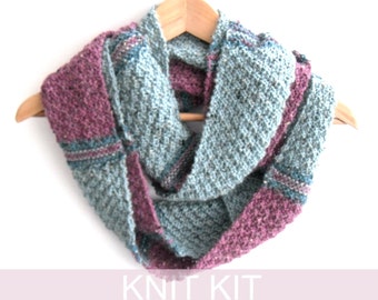 Tartan stripes Infinity scarf knitting kit , knitters gift , scottish cowl kit , full written instructions , easy knit