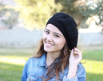 Women fashion hat, Hand Knitted Hat, Women black beret, Slouch hat beret, Winter black hat, Handmade beret, Trend knit hat
