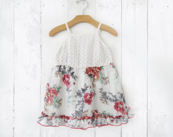 Little Girl Summer Dress, Dress for Baby Girl, Vintage Style Sleeveless dress, Floral summer dress with crochet top