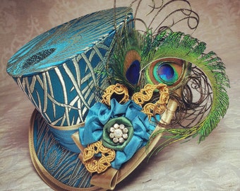 Mini Top Hat, Steampunk hat, Top hat, Gothic Lolita hat, Mad Hatter hat, Steampunk Wedding, Victorian Wedding, Ascot hat, Derby hat, peacock