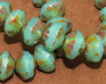 Opalite Turquoise - 6x9mm Faceted Saucer - Czech Glass - 25 Beads