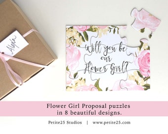 Will You Be my Flower Girl, puzzle, bridal party proposal, our flower girl card, bridal wedding party card, watercolor flowers, pink peonies