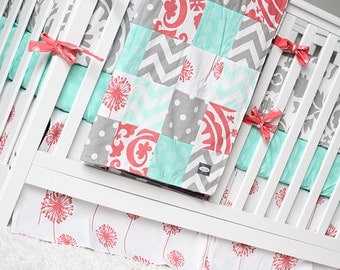 Girl Crib Bedding Set - Mint, Coral and Grey Baby Bedding, Dandelion Bedding Set
