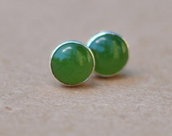 Nephrite Jade Earrings handmade with Sterling Silver Studs. 6mm cabochon gemstone and silver earrings. dark green, jade green, earthy