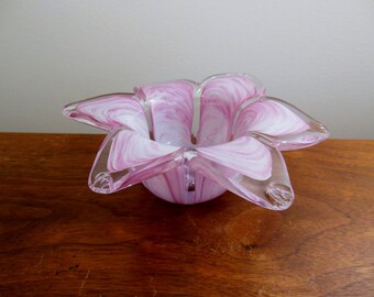 Pink and White Art Glass Flower Dish Little Blown Glass Floral Bowl with Clear Edges