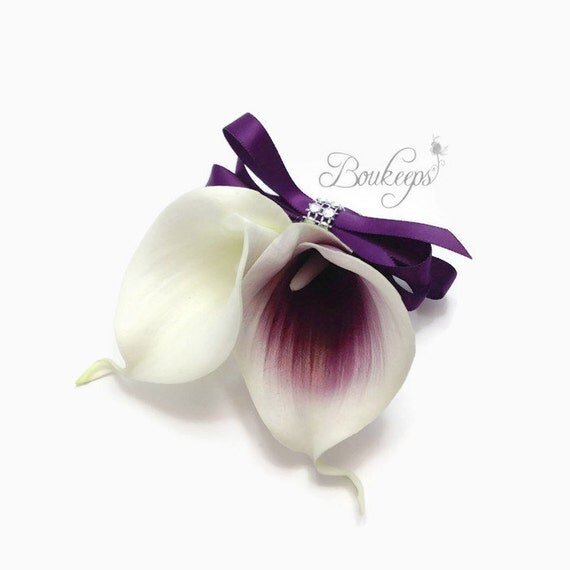 CHOOSE RIBBON COLOR Purple Calla Lily Corsage Real Touch