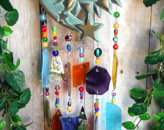 Sunface and Stars Turquoise and Gold Windchime with Stained Glass Chimes
