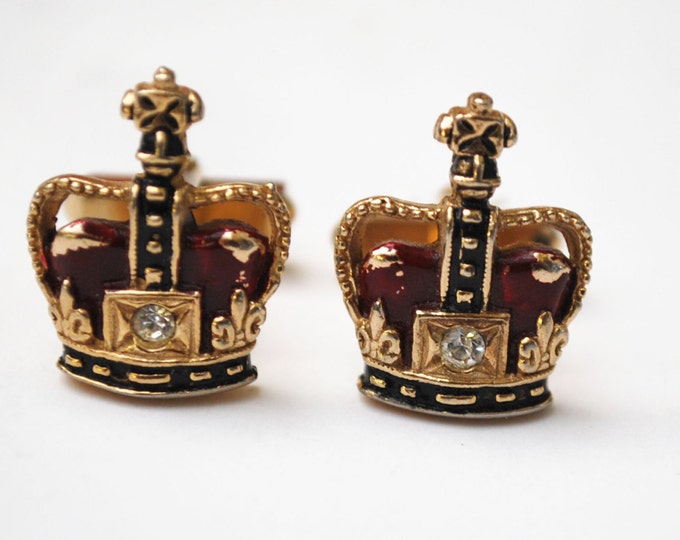 Swank Crown Cuff links - Red clear Rhinestone - Gold - Heraldic -Cufflinks