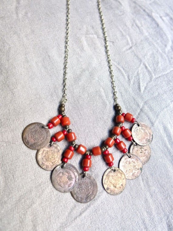 70s Silver Hippie Ethnic Necklace with Coins and Coral Beads