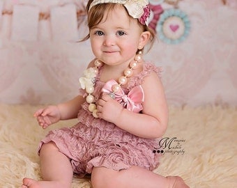 Dusty Rose Romper, Cake Smash Outfit Girl, Baby Girl 1st Birthday Outfit, Newborn Romper, Baby Headband, Lace Romper, Baby Romper, Rompers