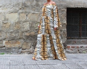 Animal Print Summer Maxi Dress, Cotton Tiger Print Maxi Dress, Summer Cotton Maxi Dress, Long Cotton Maxi Dress, Off-Shoulder Maxi Dress