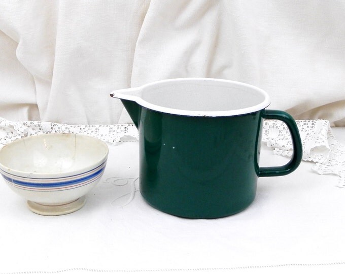 Vintage French Green and White Enamelware Milk Pitcher / Jug 1.5 Liters 0.4 Gallon, French Country Farmhouse Decor, Kitchenelia, Kitchenware