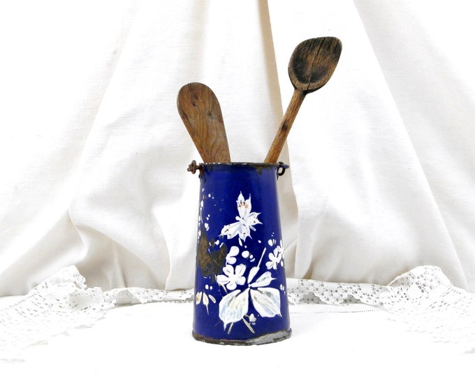 Antique French Early Enamelware Blue with White Hand Painted Flower and Butterfly Pattern Milk Pail / Churn, French Enamel Country Decor
