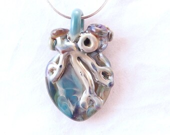 I love you Large Anatomical Heart blue wearable art borosilicate heady glass pendant on silver or satin necklace boho gypsy Free Shipping
