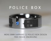 Tungsten Doctor Who Inspired 8MM Sapphire Cz POLICE BOX Design